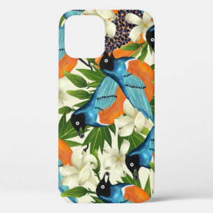 Funda Para iPhone 12 Papaya tropical y patrón de aves.