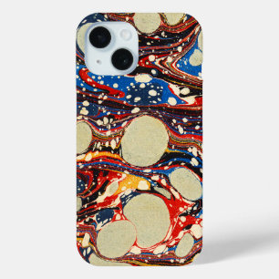 FUNDA PARA iPhone 15 PAPEL MARBLADO, AZUL ABSTRACTO, PICAS,CÍRCULOS BLA