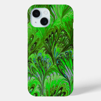 FUNDA PARA iPhone 15 PAPEL MARBLADO, PATRÓN DE PACO VERDE ABSTRACTO