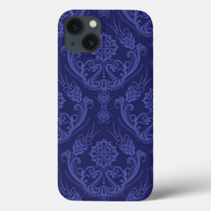 Funda Para iPhone 13 Papel pintado floral azul de lujo del damasco