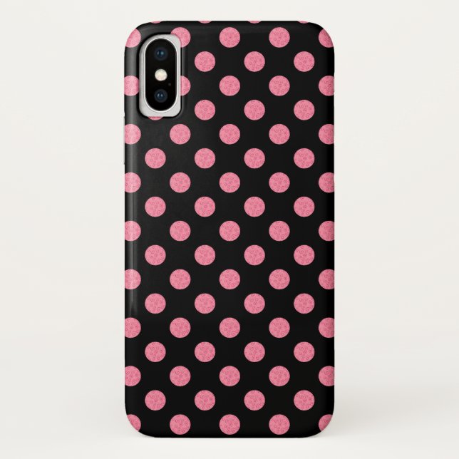 Funda De Case-Mate Para iPhone Paquetes de polka rosados sobre fondo negro (Reverso)