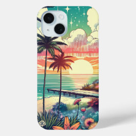 Funda Para iPhone 15 Paraíso rosa y turquesa | Arte de playa
