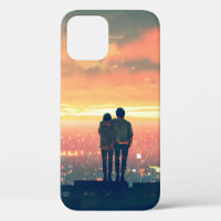 pareja joven de pie en la azotea mirando a c