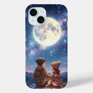 Funda Para iPhone 15 Pareja romántica bajo luna llena y galaxia estrell