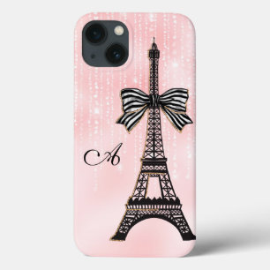 Funda Para iPhone 13 París rosado y negro de la Torre Eiffel monogramad