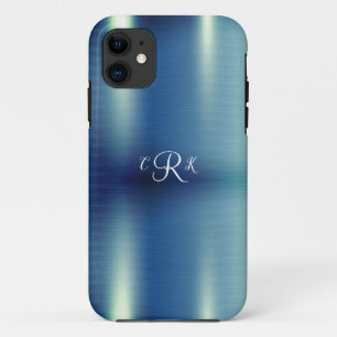 Funda Para iPhone 11 Parkles metálicos Monograma Azul Floral Azul