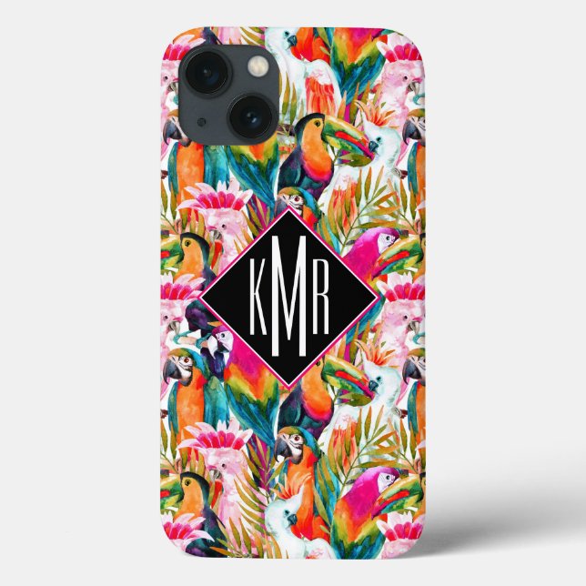 Funda De Case-Mate Para iPhone Parrots & Palm Leaves | Monograma (Reverso)