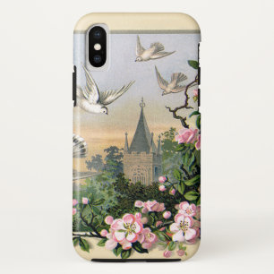 Funda Para iPhone X Pascua vintage, palomas blancas y flores
