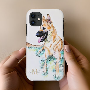 Funda Para iPhone 11 Pastel al aguada Pastor Alemán Malinois Monograma