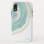 Funda Para iPhone XR Pastel Aqua y Agate Morado con Monograma<br><div class="desc">Proteja su teléfono con un funda de diseño con un diseño de piedra de ágate en un moderno pastel femenino de agua, morado, azul y oro. Se incluye una plantilla de texto para personalizar con el monograma u otro texto deseado. También puede eliminar el monograma de ejemplo si desea solicitar...</div>