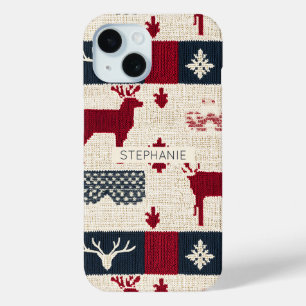 Funda Para iPhone 15 Patchwork de Navidades nórdicos   Renos de punto (