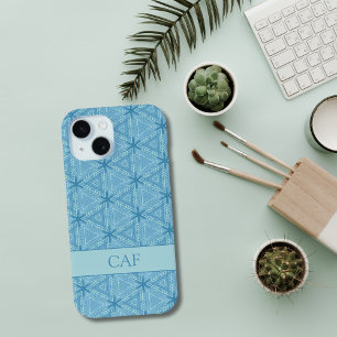 Funda Para iPhone 15 Patrón abstracto geométrico azul con monograma