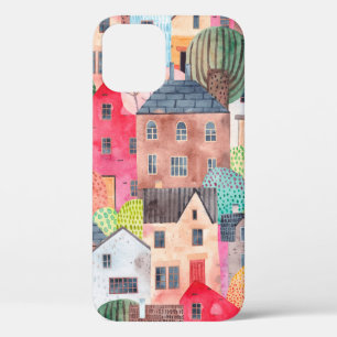 Funda Para iPhone 12 Patrón abstracto sin fisuras con casas. Acuarela 
