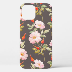 Funda Para iPhone 12 Patrón acuarela floral de perro rosa y berro rojo