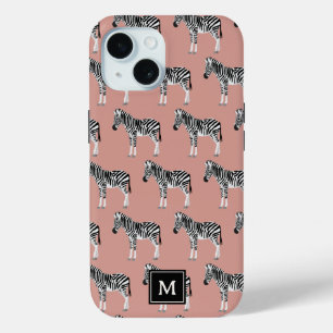 Funda Para iPhone 15 Patrón animal exótico de cebra Monograma rosa de R