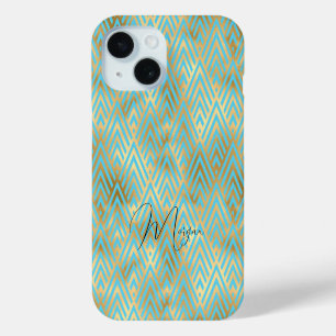 Funda Para iPhone 15 Patrón Art Déco, dorado y azul claro, nombre en le