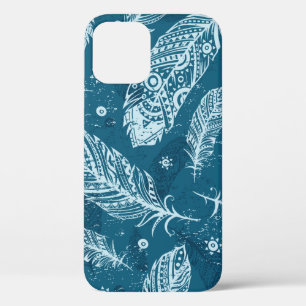 Funda Para iPhone 12 Patrón azul de plumas vintage