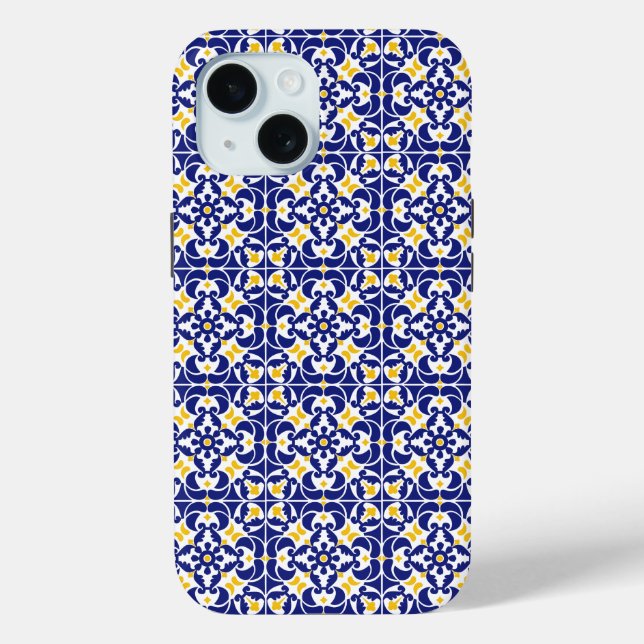 Funda De Case-Mate Para iPhone Patrón azul y amarillo de mosaicos mediterráneos (Reverso )