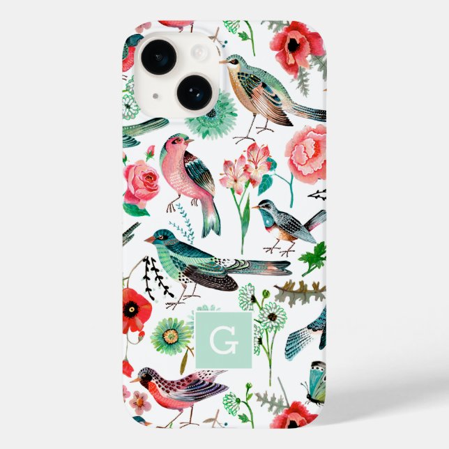 Funda De Case-Mate Para iPhone Patrón botánico de aves florales de época (Reverso )