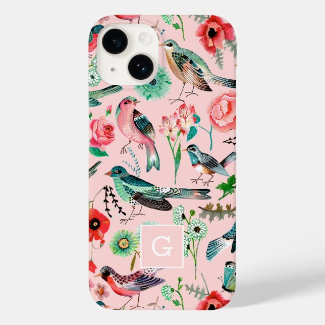 Funda De Case-Mate Para iPhone Patrón botánico de aves florales rosadas (Reverso )