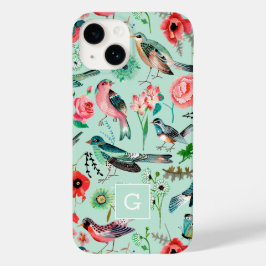 Funda Para iPhone 14 De Case-Mate Patrón botánico de aves florales verdes vintage