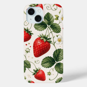 Funda Para iPhone 15 Patrón Botánico de Fresa Sin Costuras Estilo Vinta