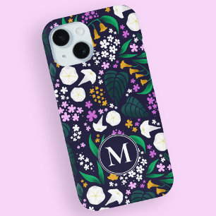 Funda Para iPhone 15 Patrón Botánico Floral de la Luna de la Noche