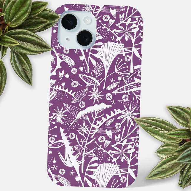 Funda De Case-Mate Para iPhone Patrón botánico púrpura (Purple and white botanical silhouette cell phone case)