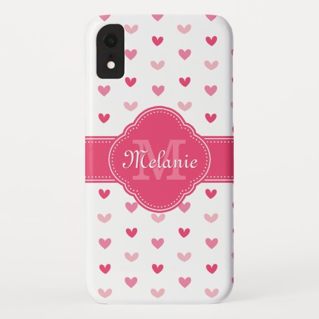 Funda De Case-Mate Para iPhone Patrón cardíaco blanco y rosado con monograma (Reverso)