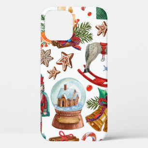 Funda Para iPhone 12 Patrón con adornos de Navidad vintage, juguete y 