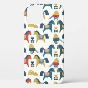 Funda Para iPhone 12 Patrón con caballos inspirados en el arte escandin