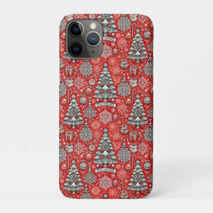Funda Para iPhone 11 Pro Patrón con tema navideño con árboles y copos de ni
