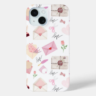 Funda Para iPhone 15 Patrón continuo de cartas de amor rosadas en acuar