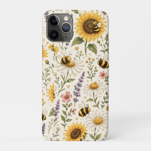 Funda De Case-Mate Para iPhone Patrón de abeja y flores silvestres lindas (Reverso)