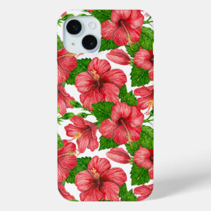 Funda Para iPhone 15 Mini Patrón de acuarela de hibiscos rojos