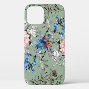 Funda Para iPhone 12 Patrón de acuarela floral de fondo verde.