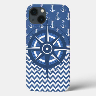 Funda Para iPhone 13 Patrón de ancla azul y blanco y de cheurón