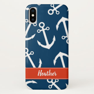 Funda Para iPhone X Patrón de Anclas de Marina Monograma Náutico