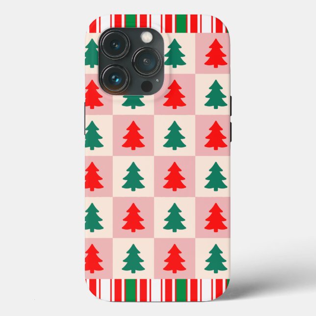 Funda De Case-Mate Para iPhone Patrón de árbol de navidad geométrica | Verde rojo (Reverso )