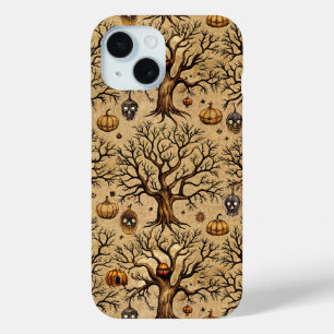 Funda Para iPhone 15 Patrón de arboles embrujados y linternas de calaba