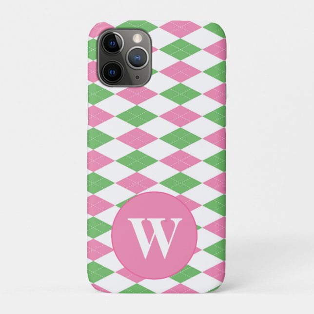 FUNDA DE Case-Mate PARA iPhone PATRÓN DE ARGYLE ROSA VERDE CON MONOGRAMA (Reverso)