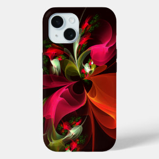 Funda Para iPhone 15 Patrón de arte abstracto rojo verde floral moderno