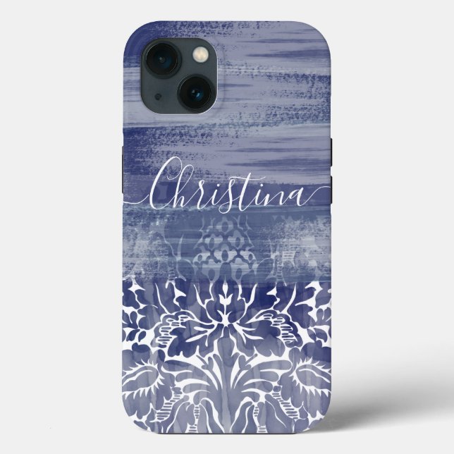 Funda De Case-Mate Para iPhone Patrón de arte azul Damask moderno (Reverso )