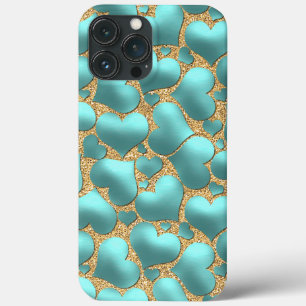 Funda Para iPhone 13 Pro Max Patrón de arte del corazón azul turquesa Aqua br