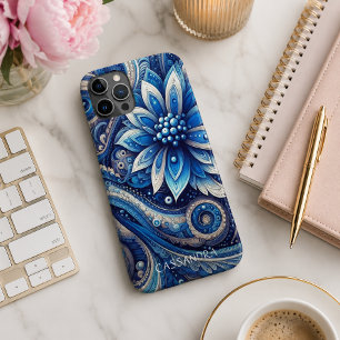 Funda Para iPhone 11 Pro Max Patrón de Arte Paisley Negro Azul Oscuro Personali