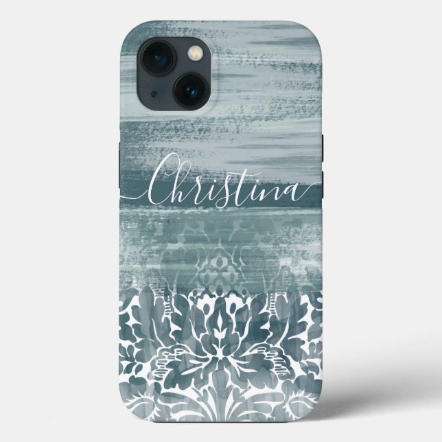 Funda De Case-Mate Para iPhone Patrón de arte Verde azulado Damask moderno (Reverso )