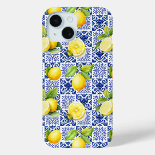 Funda Para iPhone 15 Patrón de Baldosa de Limón Azul Blanco Mediterráne