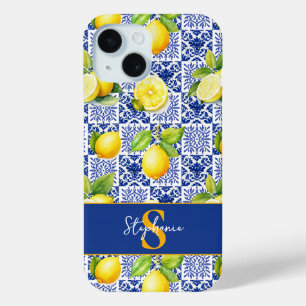 Funda Para iPhone 15 Patrón de Baldosa de Limón Azul Blanco Mediterráne