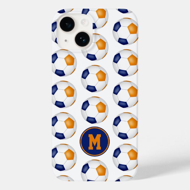 Funda De Case-Mate Para iPhone patrón de balones de fútbol naranja azul monograma (Reverso )