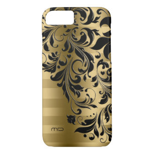 Funda Para iPhone 8/7 Patrón de bandas metálicas de oro y encaje negro